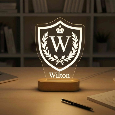 Personalized Name Family Crest Alphabet LED Night Light, Acrylic Night Lamp with Wooden Base, Father's Day/Birthday Gift for Husband/Dad/Grandpa/Men