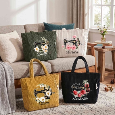 Custom Name Birth Flower Sewing Machine Design Corduroy Tote Bag, Zippered Handbag with Pockets, Birthday/Mother’s Day Gift for Her/Mom/Sewing Lovers
