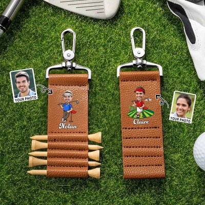 Custom Name Face Photo Cartoon Character Leather Golf Tee Holder with 5 Tees, Golf Accessories, Birthday/Father's Day Gift for Golf Lovers/Dad/Grandpa