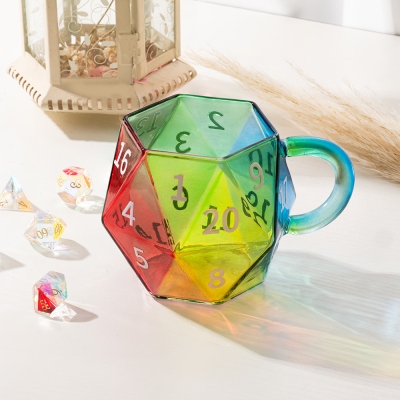 Rainbow Gradient D20 Glass Mug, Colorful 20-Sided Die Shaped Coffee Cup, Heat Resistant Hot Cold Beverage Drinking Glass for Office & Game Nights