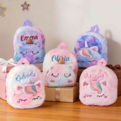 Personalized Embroidered Name Rainbow Unicorn Backpack, Cute Furry Large Capacity School Bag, Easter/Back to School/Birthday Gift for Girls/Kids