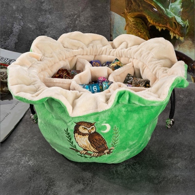 Enchanted Owl DND Dice Bag with Multiple Pockets, 150+ Dice Capacity Drawstring Pouch, DND Dice Storage & Organizer, Great Gift for Dice Hoarders