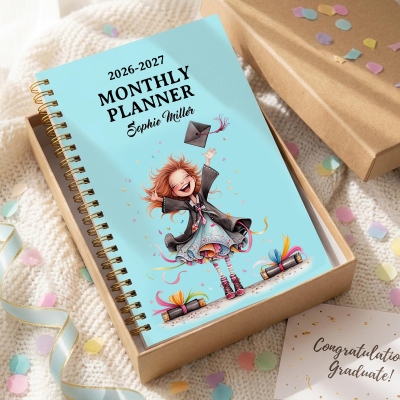 Personalized Name Cartoon Graduation Girl Planner 2026-2028, A5 Spiral Notebook with Weekly & Monthly Planning Pages, Graduation Gift for Her/Daughter