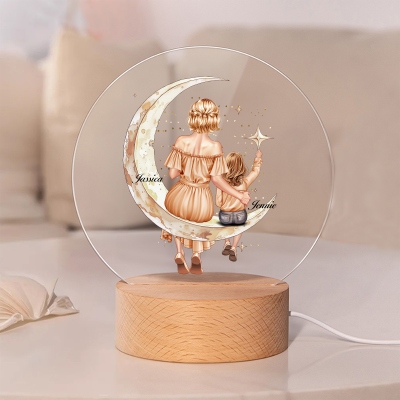 Personalized Star Moon Mom Kid Back View LED Round Night Light with Wooden Base and Name, Room Decor, Mother's Day/Birthday Gift for Mother/Boys/Girls