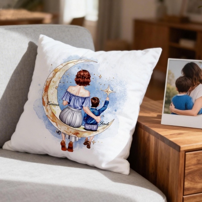 Personalized Name Star Moon Mom Kid Back View Soft Throw Pillow Cover, Pillowcase with Optional Insert, Home Decor, Birthday Gift for Mother/Boy/Girl
