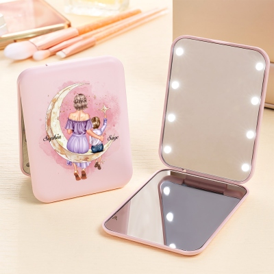 Personalized Star Moon Mom Kid Back View LED Makeup Mirror with Name, Travel Essential, Daily Use, Birthday Gift for Women/Girls/Makeup Lovers
