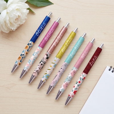 Personalized Name Floral Glitter Gel Pens(Set of 2), Writing Supplies, Back to School/Graduation/Birthday Gifts for Nurses/Students/Teachers