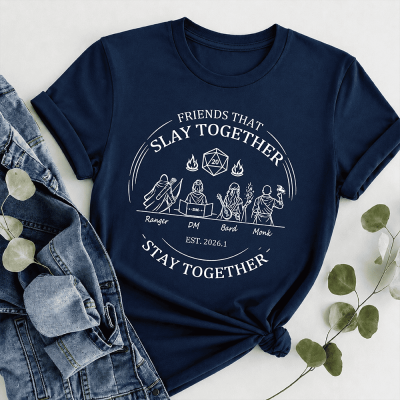 Personalized DND Party T-Shirt, Custom Class Character Silhouettes & Player Names, Pure Cotton Tee for Friends That Slay Together