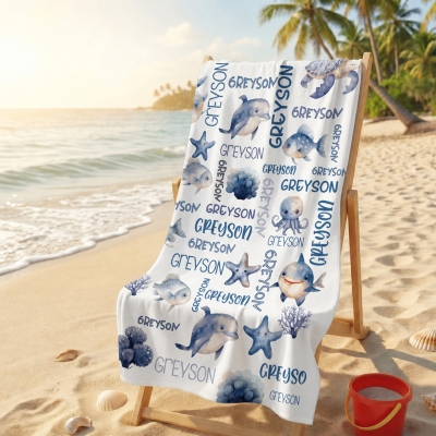 Custom Kid Watercolor Sea Animal Beach Towel with Name, Soft Quick Dry Microfiber Bath Towel, Summer Vacation/Beach Party Favor, Gift for Boys/Girls