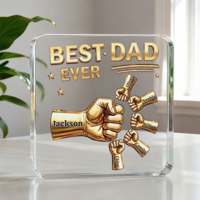 Personalized Best Dad Ever Fist Bump Square Acrylic Plaque with Kid Names, Family Memory Keepsake, Birthday/Father’s Day Gift for Dad/Husband/Grandpa