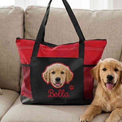 Personalized Cute Pet Portrait Tote Bag with Name, Waterproof Large Capacity Handbag with Mesh Pockets, Travel Outdoor Bag, Gift for Pet Mom/Owners