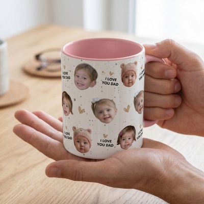 Personalized 1-6 Face Photos Heart Mug with Text, 11oz/15oz Two Tone Ceramic Coffee Tea Mug, Birthday/Anniversary/Father's Day Gift for Dad/Grandpa