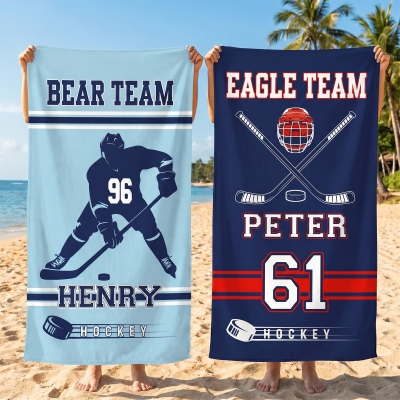 Personlig ishockeystrandhandduk med namn och nummer, snabbtorkande sporthandduk, poolpartygåva, present till ishockeyälskare/spelare/lagkamrater