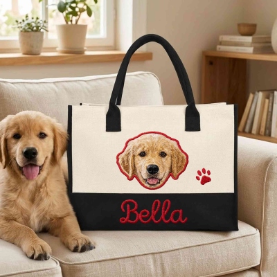 Personalized Cute Pet Portrait Canvas Tote Bag with Name, Cat/Dog Face Large Capacity Daily Handbag, Travel Outdoor Bag, Gift for Pet Mom/Owners/Her