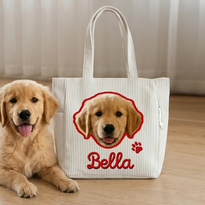 Personalized Cute Pet Portrait Corduroy Tote Bag with Name, Large Capacity Zippered Handbag with Side Pockets, Birthday Gift for Pet Mom/Owners/Her