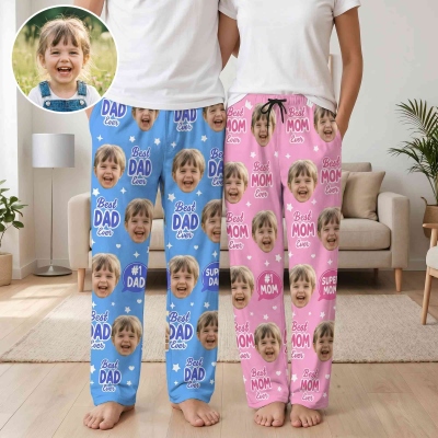 Personalized Name & Portraits Pajama Pants, Kids' Face Photos Lounge Pants with Drawstring, Mother's Day/Father's Day Gift for Mom/Dad/Grandparents