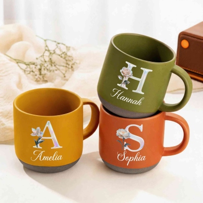 Custom Initial Mother of Pearl Effect Birth Flower Pottery Mug with Name, 12oz Ceramic Coffee Tea Mug, Birthday/Mother's Day Gift for Her/Mom/Grandma
