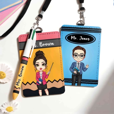 Personalized Cartoon Character Teacher ID Card with Name, PU Leather Badge Holder Lanyard, Teacher's Day/Back to School Gift for Teachers/Educators