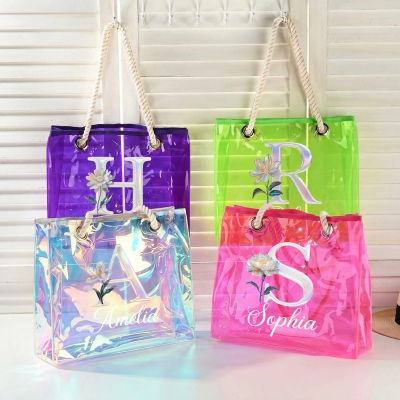 Custom Name Mother of Pearl Effect Initial Birth Flower Neon Color Tote Bag, Clear PVC Beach Bag with Rope Handles, Vacation/Birthday Gift for Women