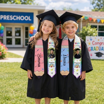 Personalized Kid Photo Cartoon Pencil Graduation Stole with Name, Cute Kindergarten Grad Sash, Ceremony Party Photo Prop, Gift for Preschool/Kids