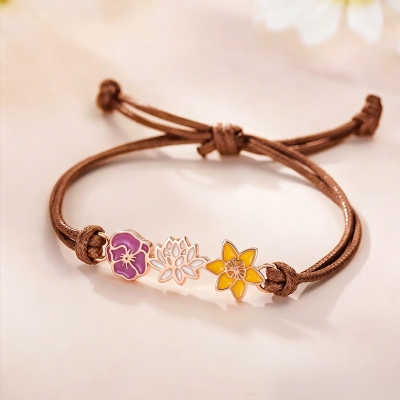 Personalized 1-8 Birth Flowers Bracelet with Leather Rope, Dainty Flower Charms Adjustable Bracelet, Birthday/Mother's Day Gift for Her/Mom/Grandma