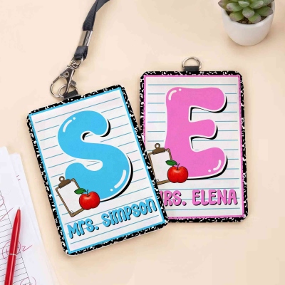 Custom Name Apple Alphabet Teacher's ID Badge Holder with Lanyard, Composition Book Design Card Holder, Appreciation/Back to School Gift for Teachers