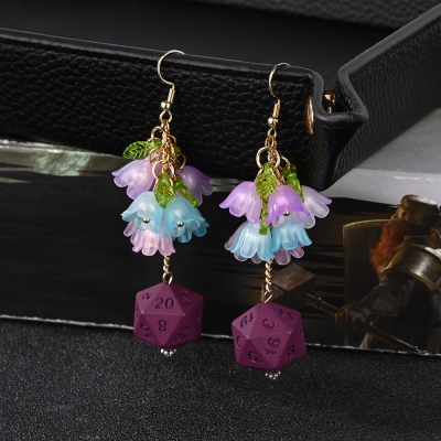 Handmade 3D Printed Resin D20 Dice Dangle Earrings, Gradient Bellflower Floral Drop Earrings, Lightweight DND Jewelry for Ren Faire & Fantasy Lovers