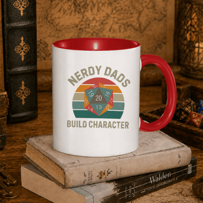 Retro D20 Dice Two-Tone Coffee Mug with 9 Interior Color Options, Nerdy Dads Build Character RPG Gamer Cup, DND Father’s Day Gift for Geek Dad