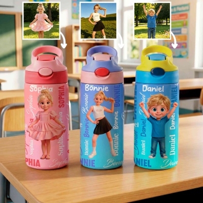 Personalized Cartoon Character Transparent Insulated Water Bottle with Straw Handle and Name, Daily Use, Back to School/Birthday Gift for Kids