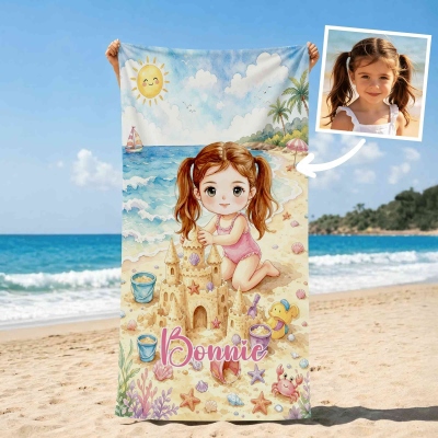 Custom Sandcastle Diving Cartoon Character Photo Oversized Quick Dry Beach Towel with Name, Summer Vacation/Beach Party Favor, Birthday Gift for Kids