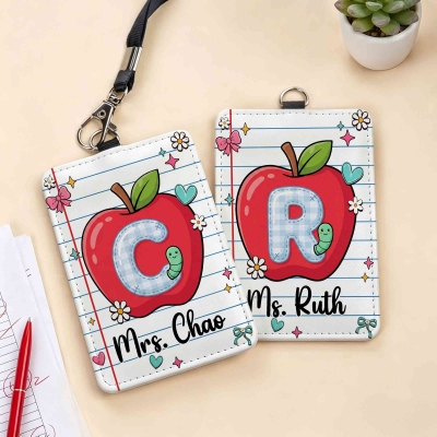 Custom Name & Alphabet Apple Notebook Teacher's ID Badge Holder with Lanyard, PU Leather Card Holder, Appreciation/Back to School Gift for Teachers
