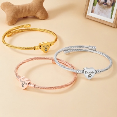 Personalized Name Pet Paw Print Heart Bracelet, Dog/Cat Loss Adjustable Bracelet, Pet Memorial Jewelry, Birthday/Sympathy Gift for Pet Owners/Lovers