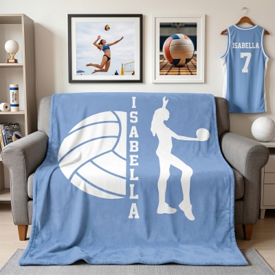 Personalized Name Volleyball Pattern Blanket, Flannel/Sherpa Throw for Bed Couch, Home Decor, Birthday/Anniversary Gift for Volleyball Lovers/Players