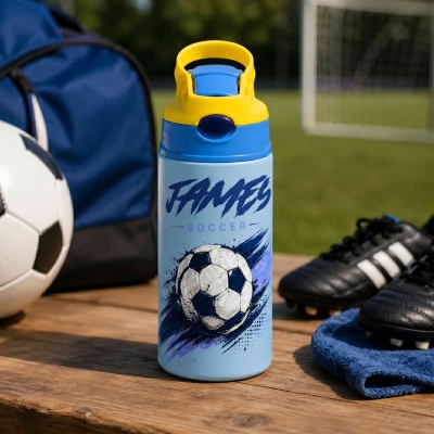 Personalized Graffiti Soccer Water Bottle with Name, Stainless Steel 12oz Insulated Tumbler with Straw & Lid, Back to School Gift for Soccer Team/Kids