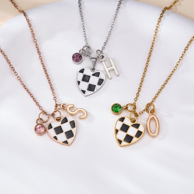 Personalized Race Grid Heart Initial Birthstone Necklace with Name, Y2K Trendy Black White Flag Racing Pendant, Gift for Motorsport Fans/Racing Girls