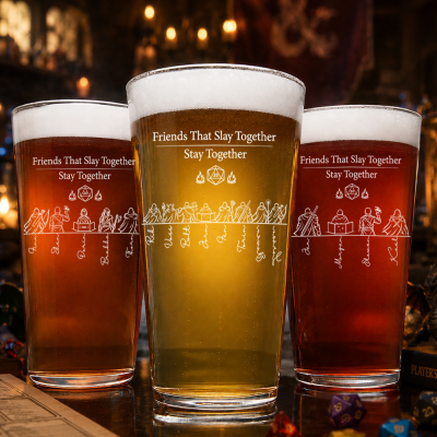 16oz DND Party Beer Drinking Glass, Custom Team Class Character Silhouettes & Player Names, Friends That Slay Together Pint Glass, Group Keepsake Gift