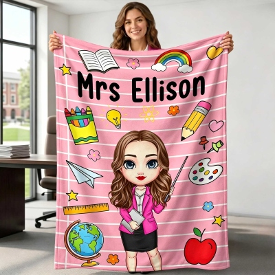 Custom Teacher Cartoon Character Blanket with Name, Soft Flannel/Sherpa Throw for Sofa Bed Couch, Home Decor, Teacher's Day/Birthday Gift for Teachers