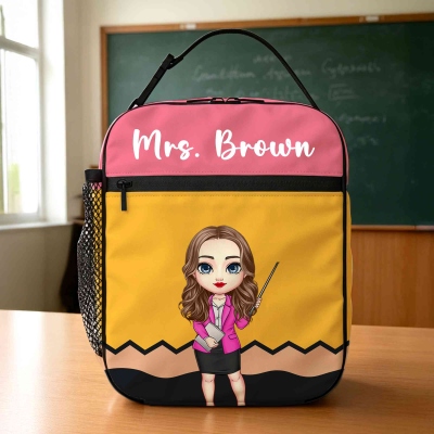 Personalized Cartoon Teacher Character Pencil Crayon Waterproof Insulated Lunch Bag with Text, Teacher's Day/Back to School Gift for Teachers