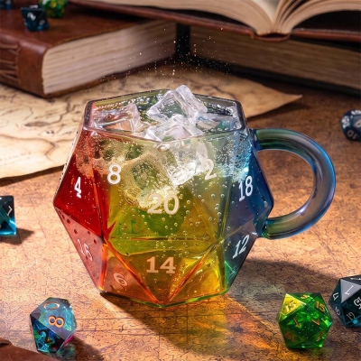 Rainbow Gradient D20 Glass Mug, Colorful 20-Sided Die Shaped Coffee Cup, Heat Resistant Hot Cold Beverage Drinking Glass for Office & Game Nights