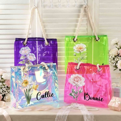 Personalized Birth Flower Waterproof Transparent PVC Tote Bag with Name, Travel Essential, Wedding/Birthday Gift for Friends/Mom/Bridesmaids