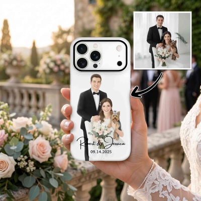 Personalized Watercolor Wedding Photo Phone Case for iPhone Samsung with Names and Date, Wedding/Bridal Party/Anniversary Gift for Couple/Newlyweds