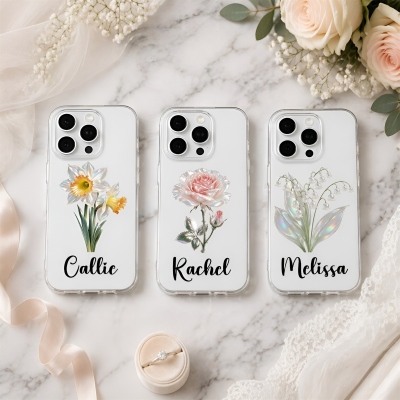 Personalized Birth Flower Transparent Phone Case with Name, Daily Use, Bachelorette Party Favor, Birthday/Wedding Gift for Besties/Friends/Bride