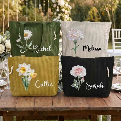 Personalized Name Birth Flower Vintage Tote Bag, Large Capacity Zippered Corduroy Handbag with Pockets, Wedding/Birthday Gift for Brides/Friends