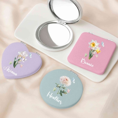 Personalized Birth Flower Compact Heart Round Square Makeup Mirror with Name, Pocket Travel Mirror, Birthday/Anniversary Gift for Women/Girls