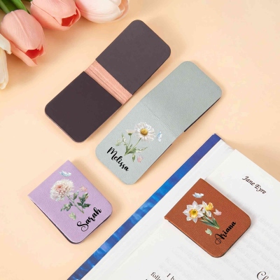 Personalized Birth Flower Magnetic PU Leather Bookmark Clip with Name, Reading Accessory, Birthday/Graduation/Book Club Gift for Book Lovers/Bookworms