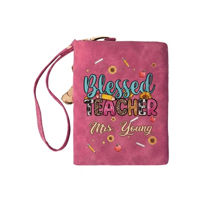 Portefeuille en cuir personnalisé « Professeur béni » avec nom, pochette vintage à plusieurs emplacements pour cartes et poche à monnaie zippée, cadeau de remerciement pour les enseignants