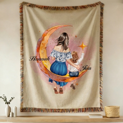 Personalized Tassel Mother and Child Back View Warm Fleece Throw Blanket with Name, Daily Use, Birthday/Anniversary Gift for Mother/Grandmother