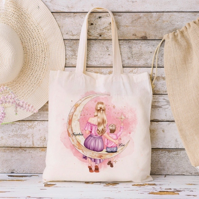 Personalized Moon Star Cartoon Mom and Kid Tote Bag with Name, Large Capacity Canvas Handbag, Daily Use, Birthday Gift for Mom/Grandma/Women