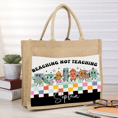 Custom Name Pencil Ruler Globe Design Teacher Tote Bag, Large Capacity Jute/Cotton Handbag, Back to School/End of Year/Appreciation Gift for Teachers