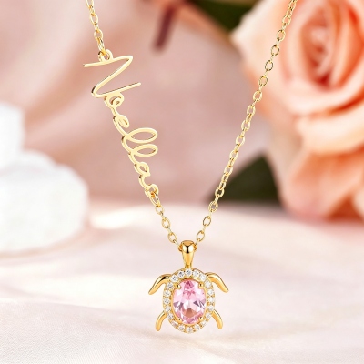 Personalized Sideways Name Sea Turtle Necklace with Birthstone, Dainty Ocean Jewelry, Birthday/Mother's Day/Anniversary Gift for Her/Mom/Couple